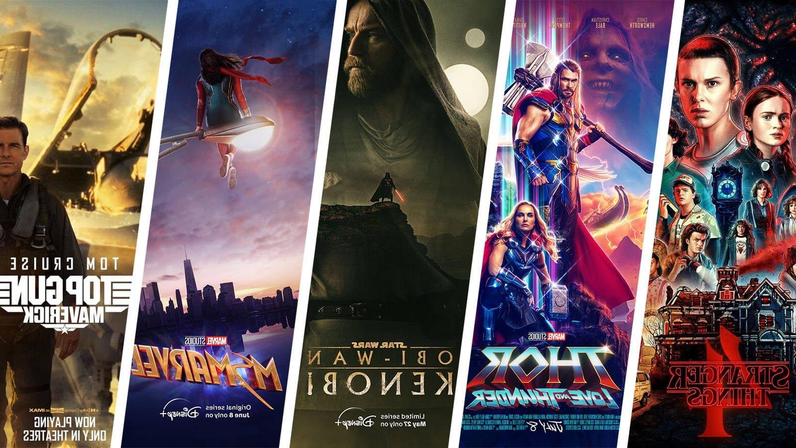 《怪奇物语4》(怪奇物语4)、《雷神》(Thor)、《欧比旺·克诺比》(欧比旺·肯诺比)、《哈利波特》(哈利波特)等电影海报. 《漫威》和《壮志凌云:特立独行》.